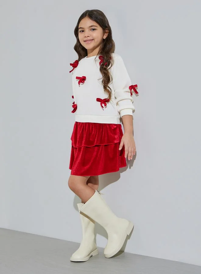 Styli Girls White Bow Details Sweatshirt and Red Ruffled Skirt Set