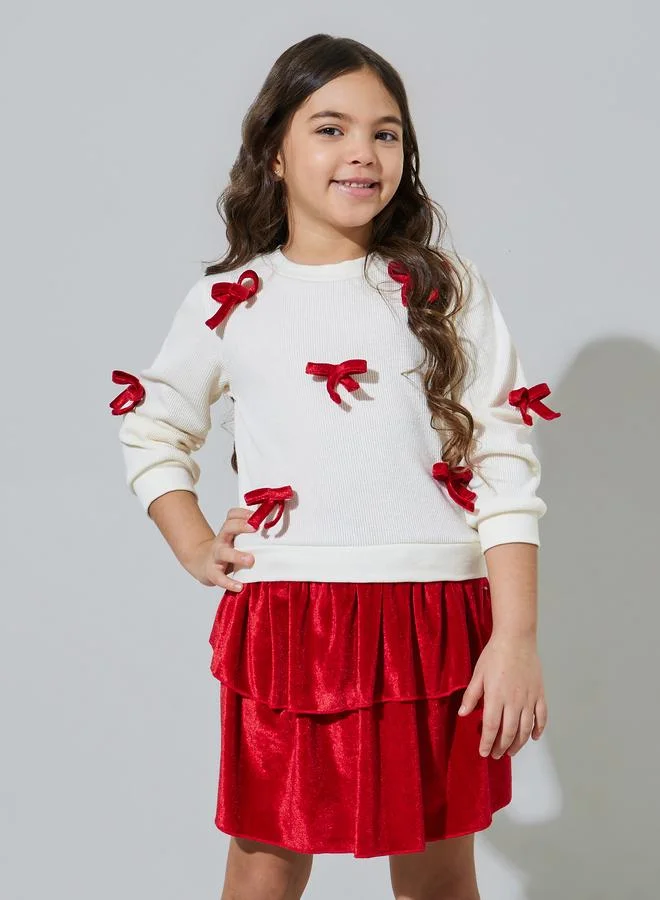 Styli Girls White Bow Details Sweatshirt and Red Ruffled Skirt Set