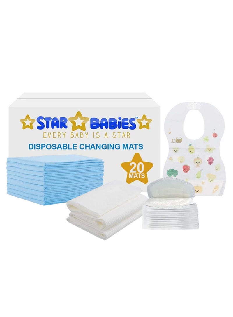 STAR BABiES Combos Pack Disposable Changing Mat 45 X 60Cm 20Pcs, Bibs 20Pcs, Breast Pad 20Pcs, Disposable Towel 3Pcs - Blue - Image 1