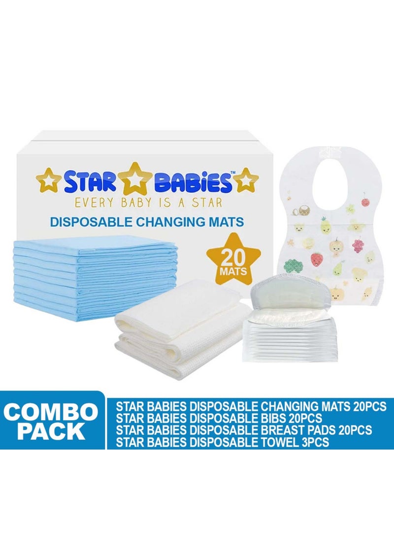 STAR BABiES Combos Pack Disposable Changing Mat 45 X 60Cm 20Pcs, Bibs 20Pcs, Breast Pad 20Pcs, Disposable Towel 3Pcs - Blue - Image 2