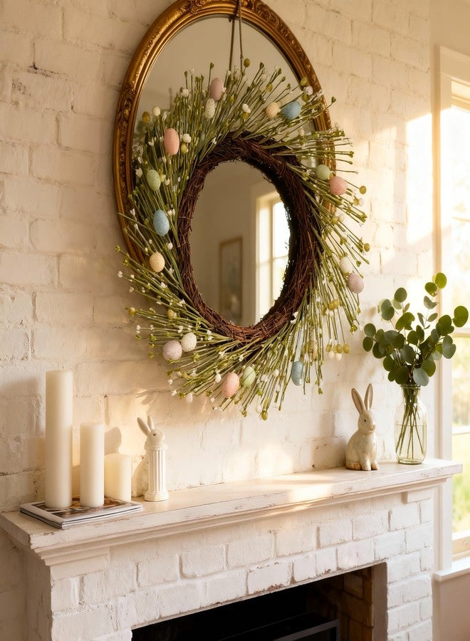 HipTree 20 Inch Farmhouse Easter Wreath for Front Door, Artificial Pastel Spring Wreath with Mini Easter Eggs, Handcrafted Wreaths for Entryway Mantel Window Indoor Outdoor Decorations - Image 5