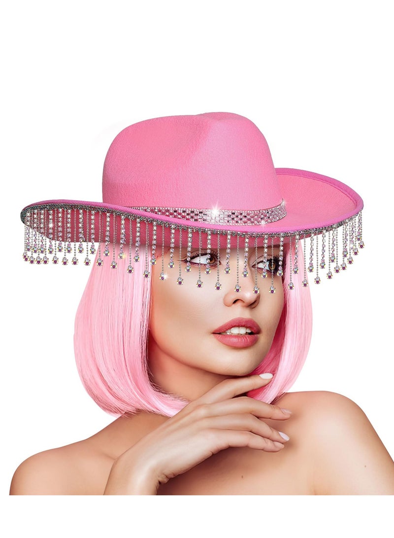 SYOSI Rhinestone Cowgirl Hat and Black Cowboy Hat, Diamond Fringe for Women Men - Image 1