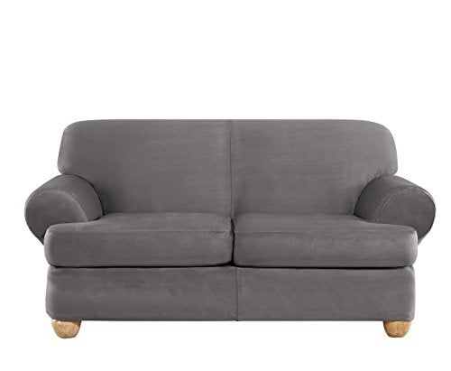 Surefit Sure Fit Ultimate Heavyweight Stretch Suede Individual 2 Piece TCushion Loveseat Slipcover  Slate Gray 
