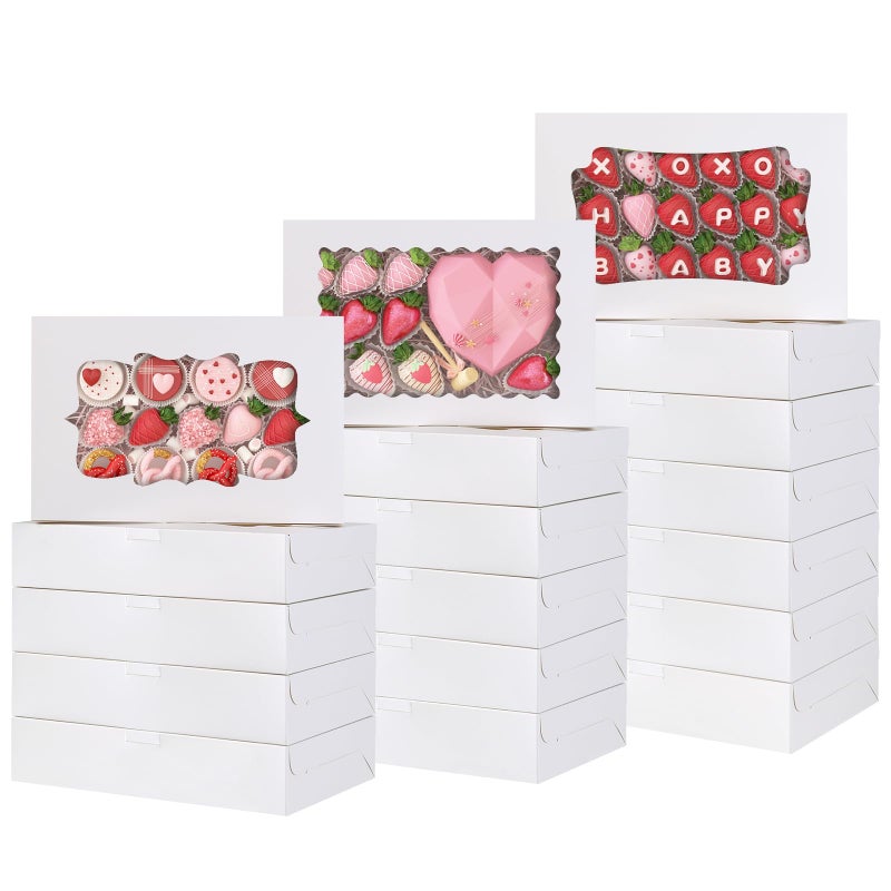 TOMNK 60pcs Cookie Boxes, 12x8x2.5 Inches 3 Style Strawberry Boxes, Treat Containers with Window for Candies, Chocolate Strawberries, Cakes, Muffins, Donuts - Image 1