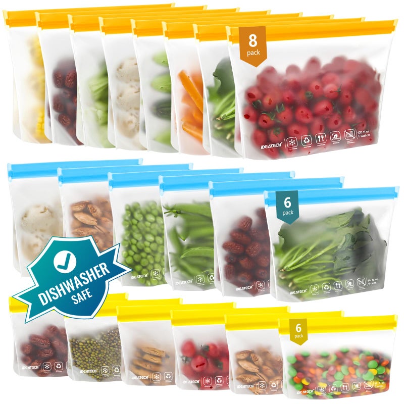IDEATECH Reusable Food Storage Bags Washable, 20Pack Reusable Freezer Bags, BPA Free Reusable Ziplock Various Size, Plastic Free Bags for Veggie Salad Travel Kitchen (8 Gallon 6 Sandwich 6 Snack Bags) - Image 1