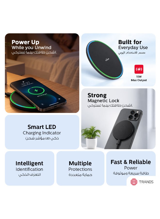 Trands 15W Fast Magnetic Wireless Charger Pad with Smart LED Indicator & Type-C Cable, Black - Image 2