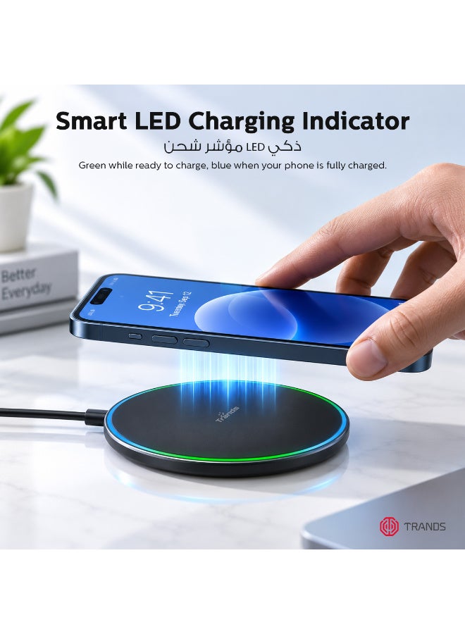 Trands 15W Fast Magnetic Wireless Charger Pad with Smart LED Indicator & Type-C Cable, Black - Image 3
