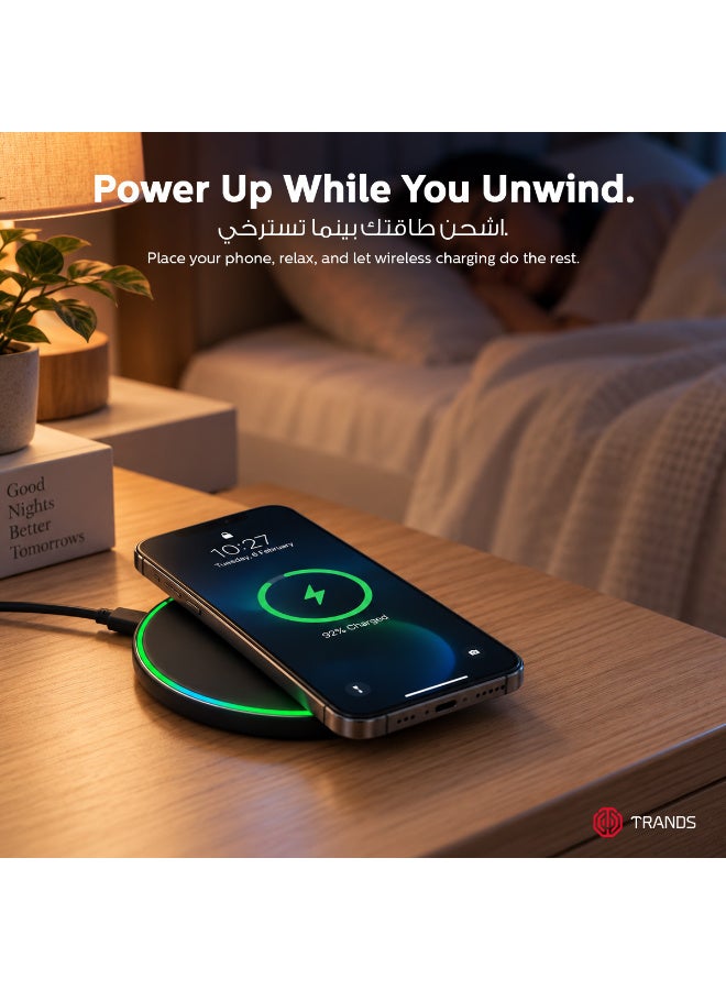 Trands 15W Fast Magnetic Wireless Charger Pad with Smart LED Indicator & Type-C Cable, Black - Image 4