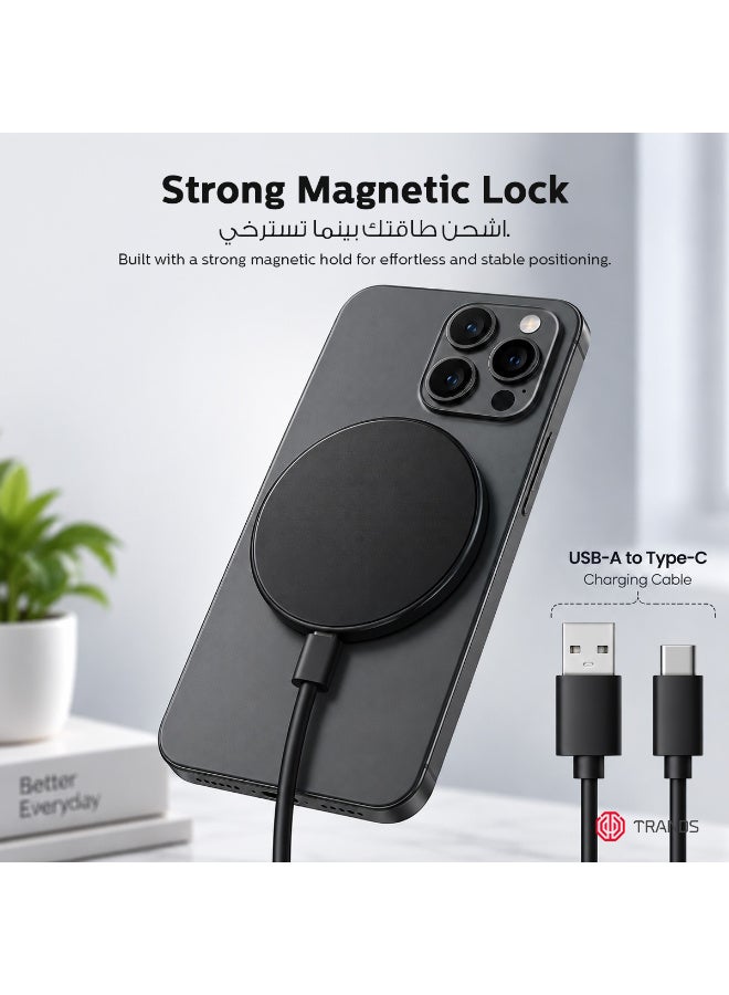 Trands 15W Fast Magnetic Wireless Charger Pad with Smart LED Indicator & Type-C Cable, Black - Image 5