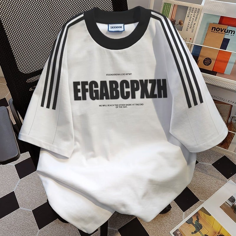 American Style Heavy Short-Sleeved T-Shirt For Boys 2025 Summer White Loose Half-Sleeved Trendy Three-Bar Rangeade Half-Sleeve - Image 1