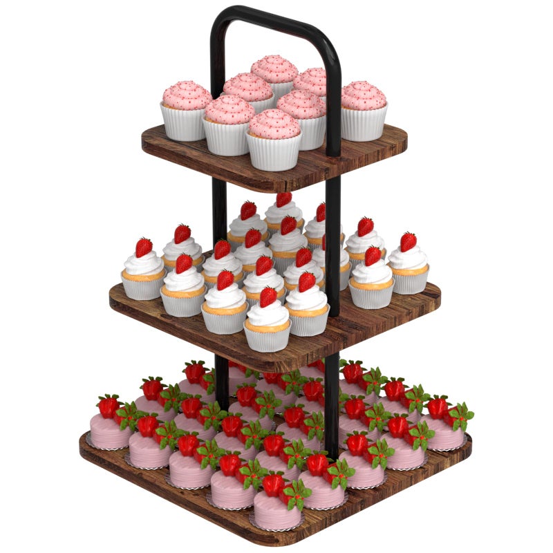 VyGrow Cupcake Stand 3Tier Dessert Stand for 32 Cupcakes Wood Metal Tower Display Premium Holder Dessert Tree Tower for Christmas Birthday Weddings Party Decor Serving Tray Wood Brown - Image 2