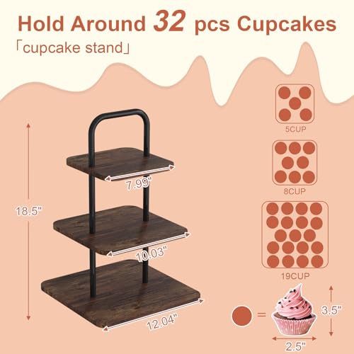 VyGrow Cupcake Stand 3Tier Dessert Stand for 32 Cupcakes Wood Metal Tower Display Premium Holder Dessert Tree Tower for Christmas Birthday Weddings Party Decor Serving Tray Wood Brown - Image 3