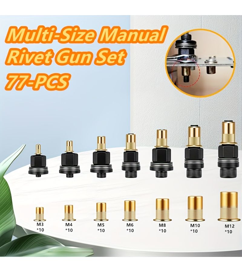 77 Pcs 3 In 1 Carbon Steel Manual Rivet Gun Set With M3 M12 Riveting Nuts For Automotive Home Renovation And Metal Joining - Image 1