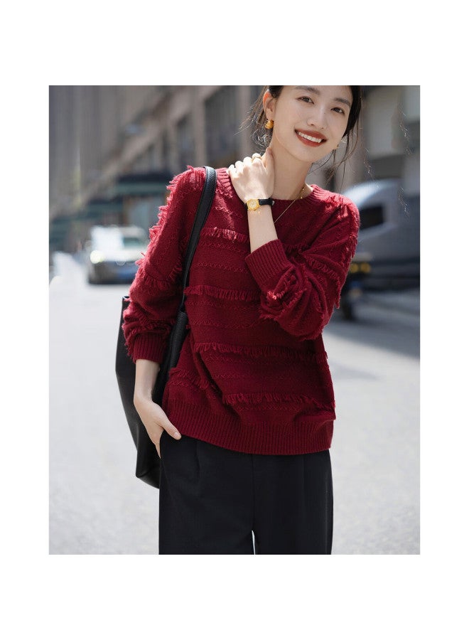 dme Demana Winter Fluffy Jacquard Lambswool Tassel Drop Shoulder Loose Knit Sweater For Women - Image 4