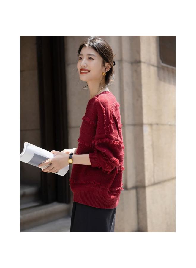 dme Demana Winter Fluffy Jacquard Lambswool Tassel Drop Shoulder Loose Knit Sweater For Women - Image 5
