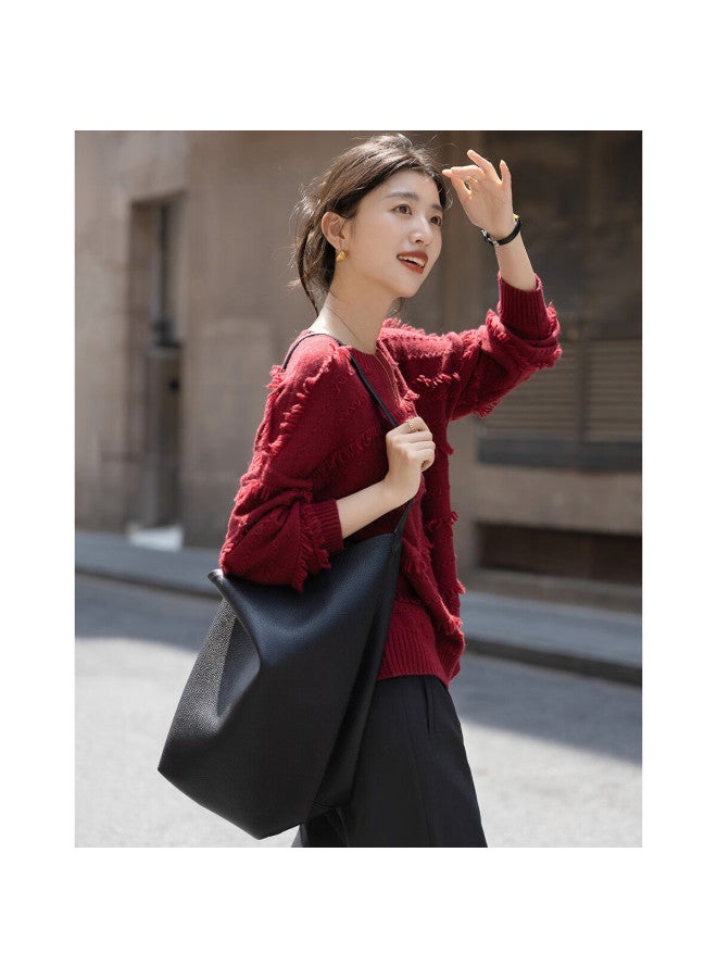 dme Demana Winter Fluffy Jacquard Lambswool Tassel Drop Shoulder Loose Knit Sweater For Women - Image 1