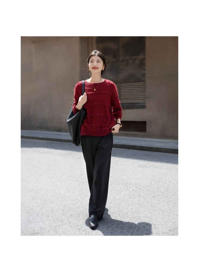 dme Demana Winter Fluffy Jacquard Lambswool Tassel Drop Shoulder Loose Knit Sweater For Women - Image 2