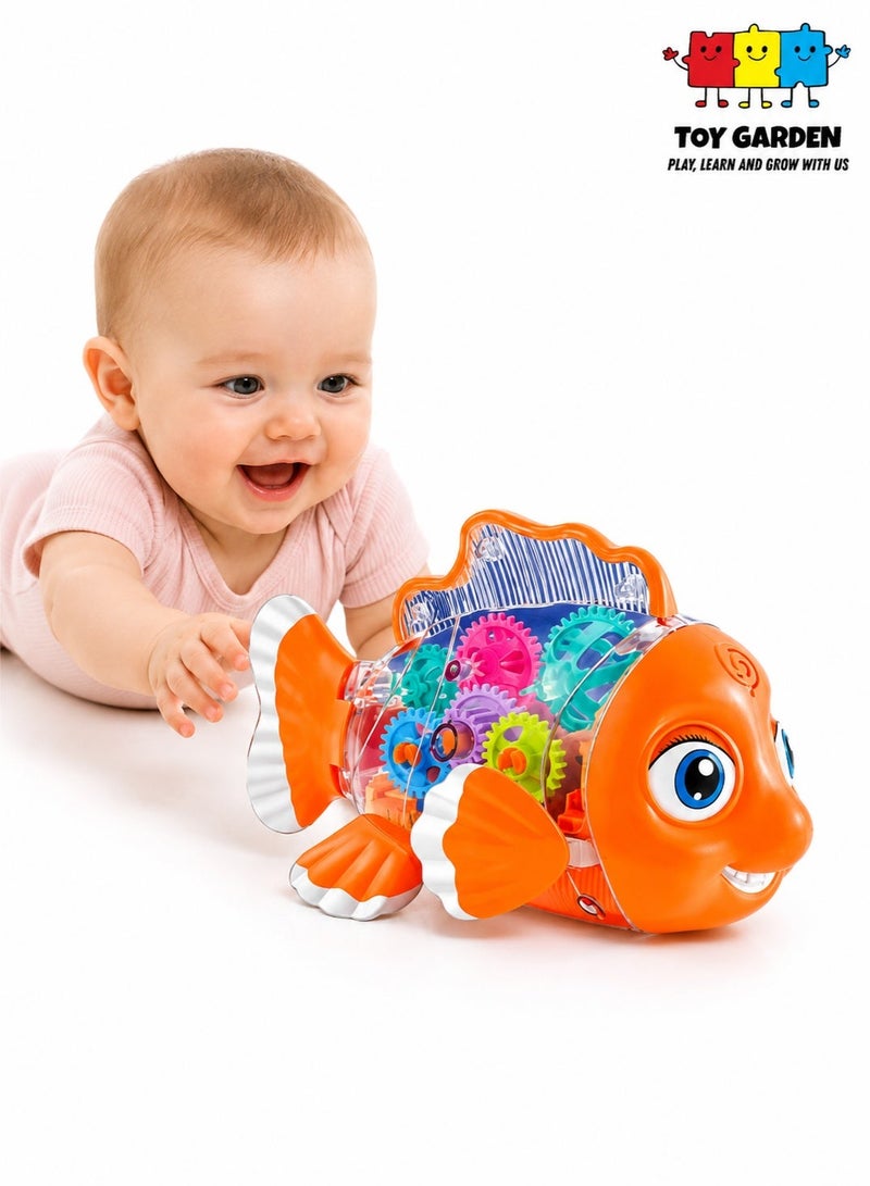 TOY GARDEN Multicolor Kid's Transparent Gear Fish Toy with 3D Light and Music Electric Musical Early Educational Fish Toy with Colorful Lights - Image 1