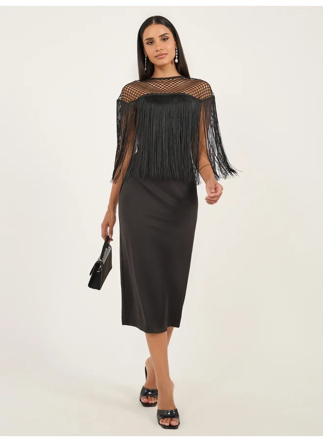 ستايلي Styli Plain Black Mesh Inserted Bodycon Midi Dress