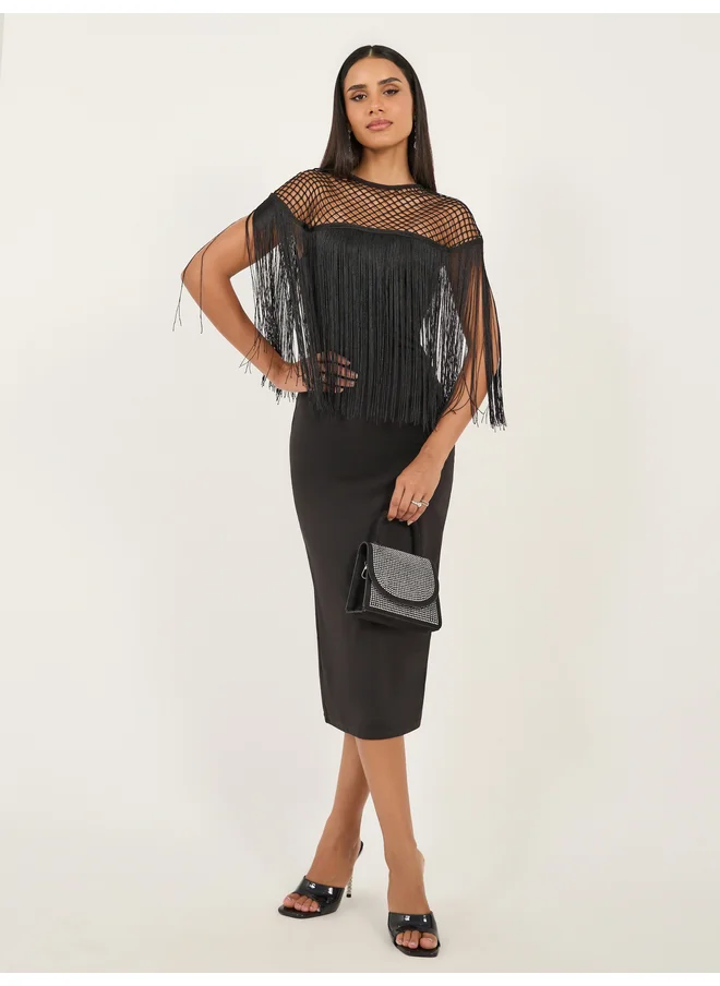 ستايلي Styli Plain Black Mesh Inserted Bodycon Midi Dress