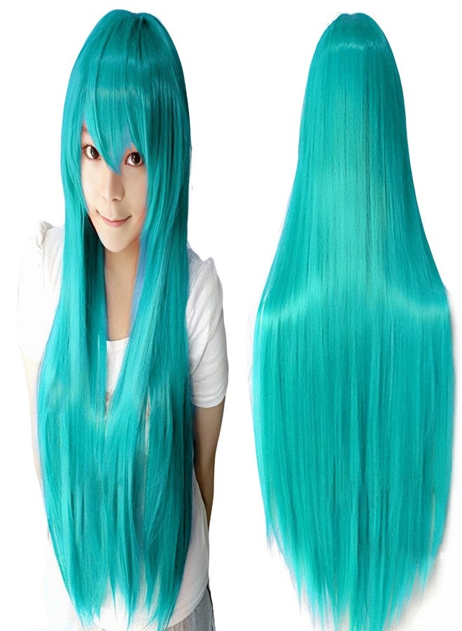 IMISSU 80cm Long Straight Natural Hair Cosplay Wigs with Bangs Colorful Halloween Costume Party Wig (Lake Blue) - Image 1