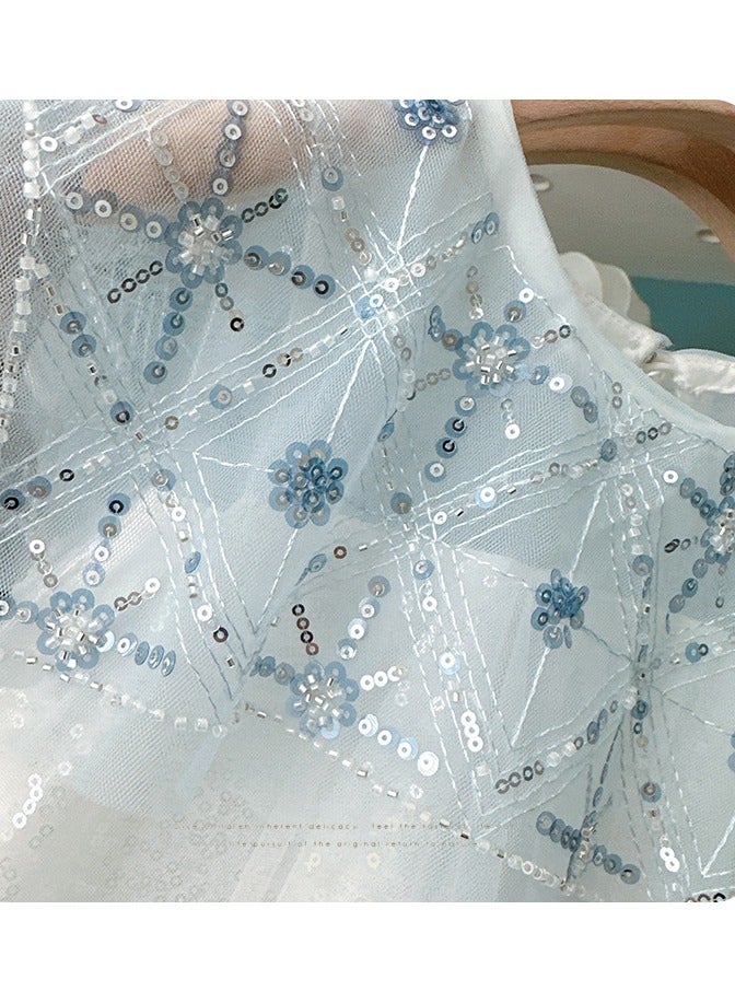 1-2Y Baby Girl Summer Sleeveless Princess Dress, White Tulle Sequin Gown with Light Blue Ruffle Hem, Elegant Pageant Outfit for Eid, Birthday, Parties  - Image 4