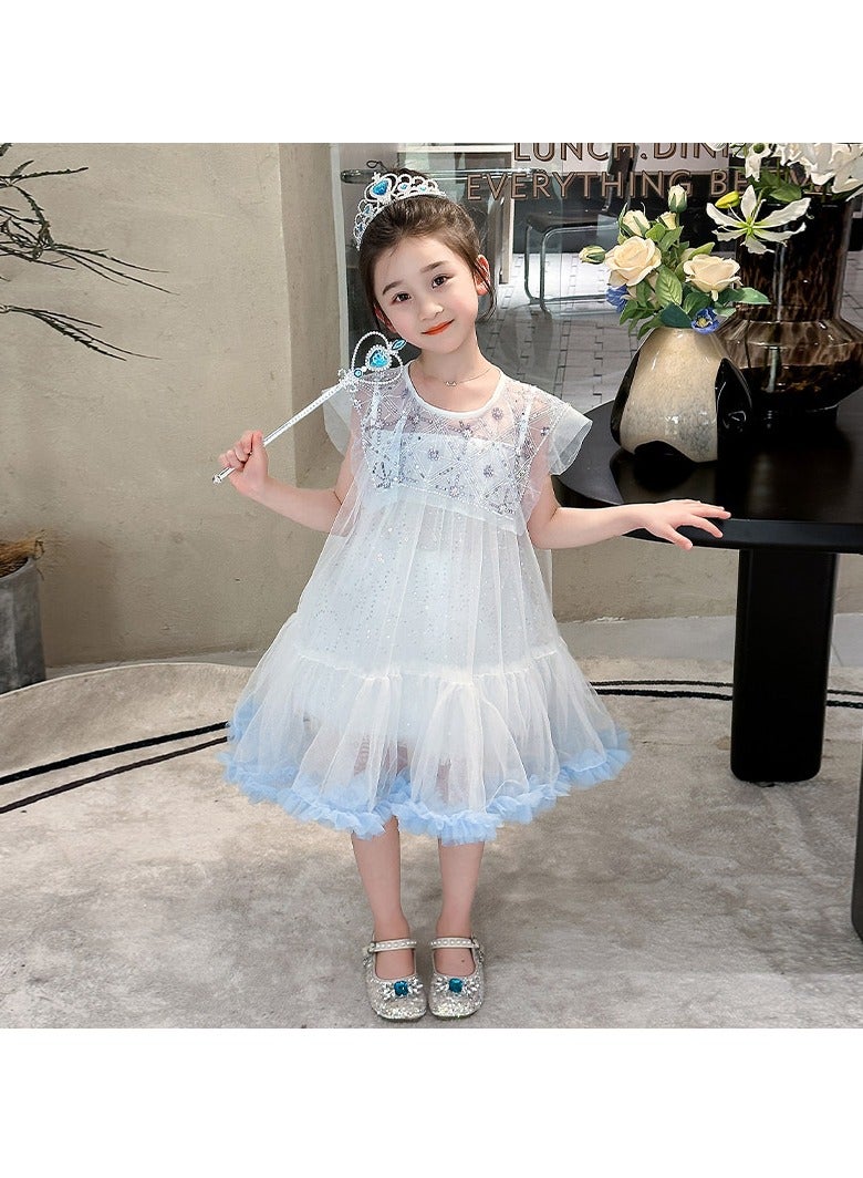 1-2Y Baby Girl Summer Sleeveless Princess Dress, White Tulle Sequin Gown with Light Blue Ruffle Hem, Elegant Pageant Outfit for Eid, Birthday, Parties  - Image 5