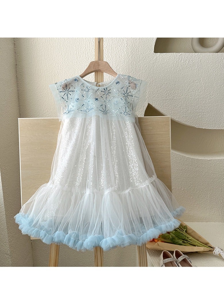 1-2Y Baby Girl Summer Sleeveless Princess Dress, White Tulle Sequin Gown with Light Blue Ruffle Hem, Elegant Pageant Outfit for Eid, Birthday, Parties  - Image 2