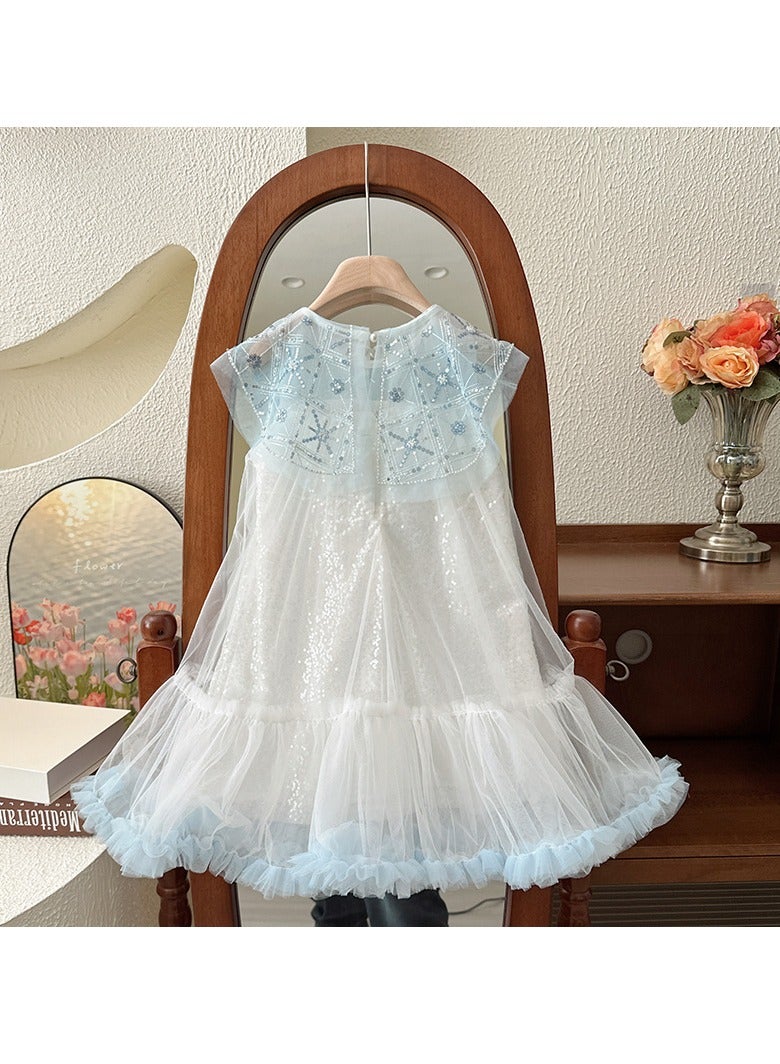 1-2Y Baby Girl Summer Sleeveless Princess Dress, White Tulle Sequin Gown with Light Blue Ruffle Hem, Elegant Pageant Outfit for Eid, Birthday, Parties  - Image 1