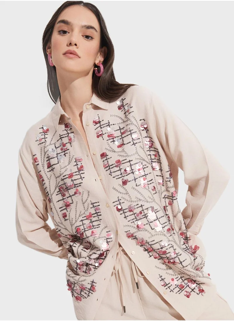 JUNE Embroidery Button Down Shirt