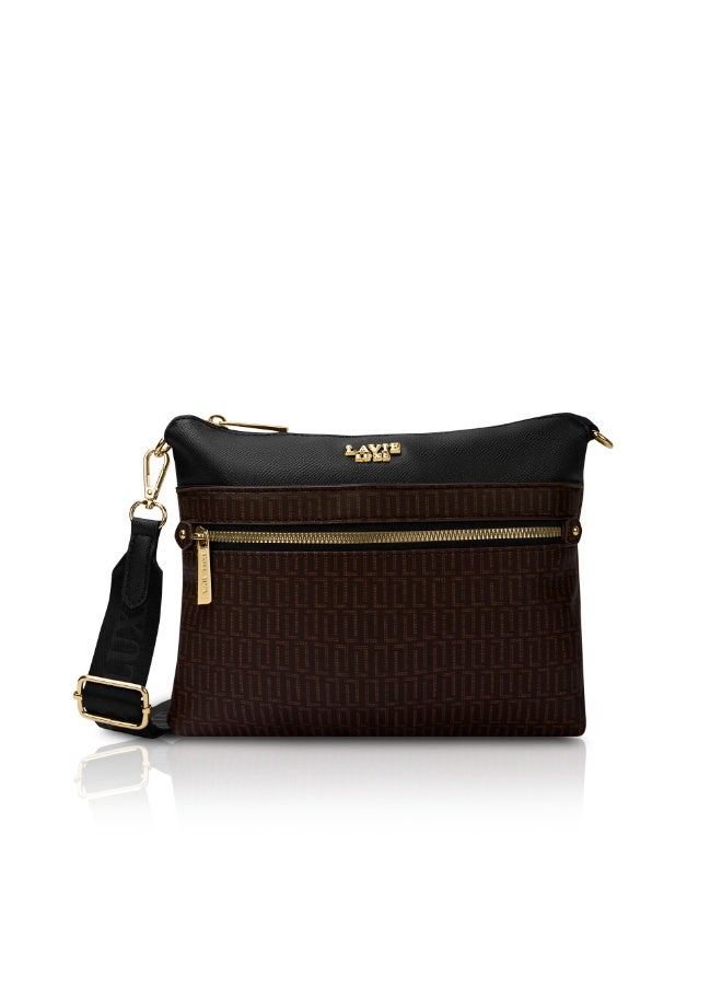 لافي حقيبة نسائية فاخرة بسحاب علوي بلون أسود وشوكولاتة - Image 4