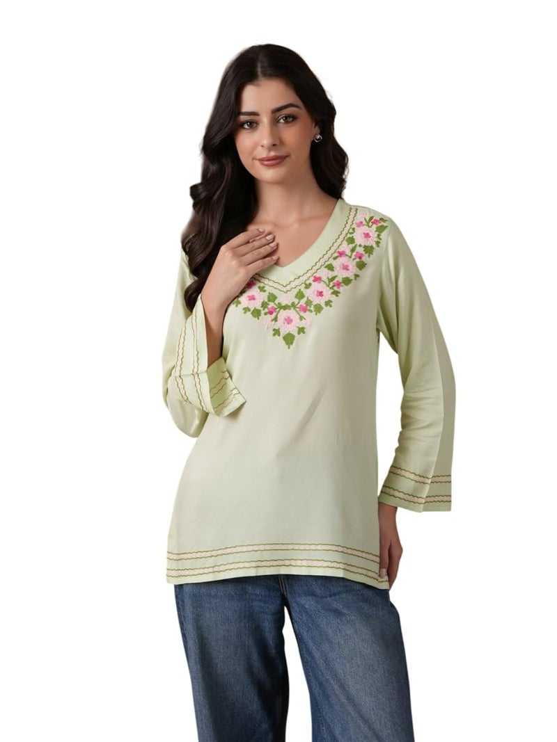 QAZMI Women's Kashmiri Embroidered Pastel Green V-Neck Short Kurti_S - Image 1