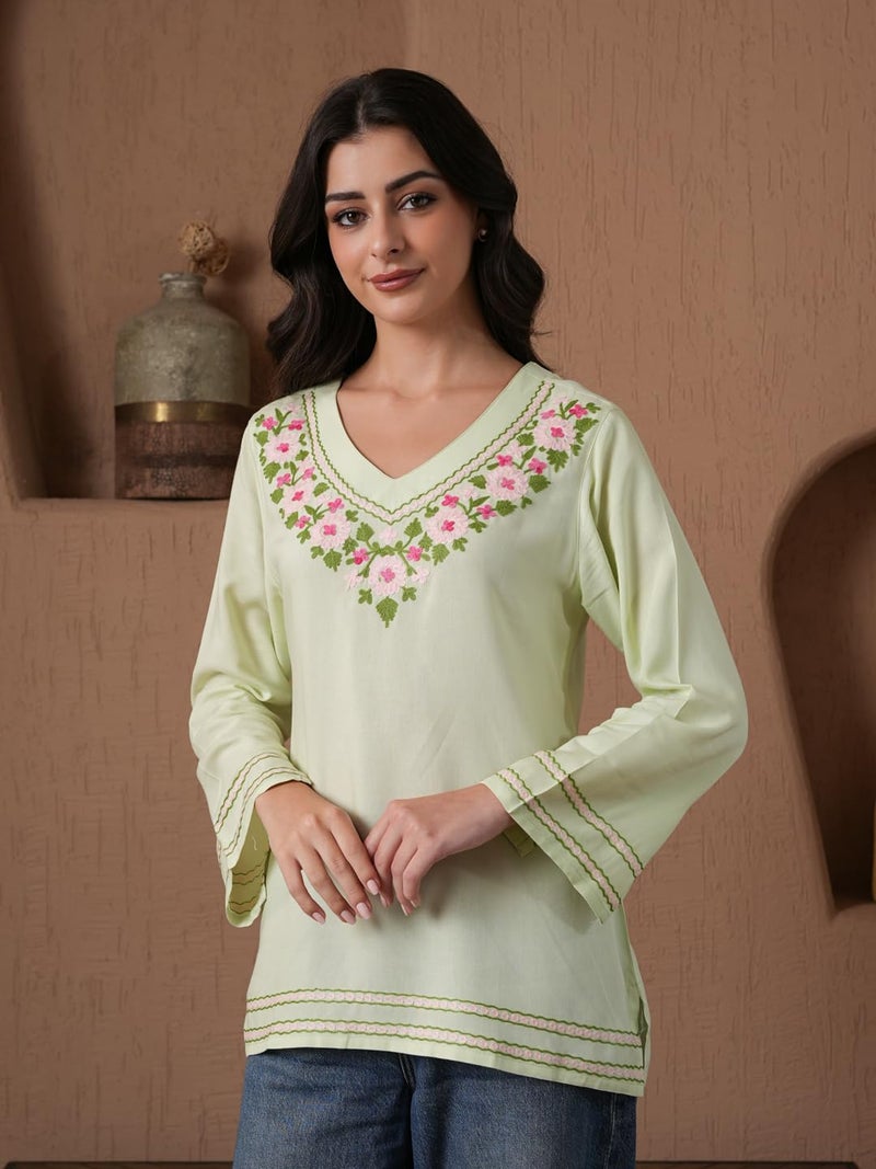 QAZMI Women's Kashmiri Embroidered Pastel Green V-Neck Short Kurti_S - Image 5