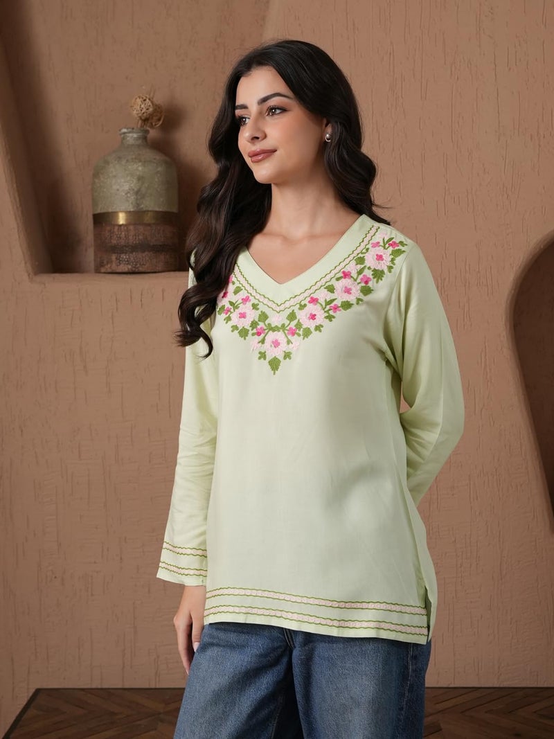 QAZMI Women's Kashmiri Embroidered Pastel Green V-Neck Short Kurti_S - Image 2