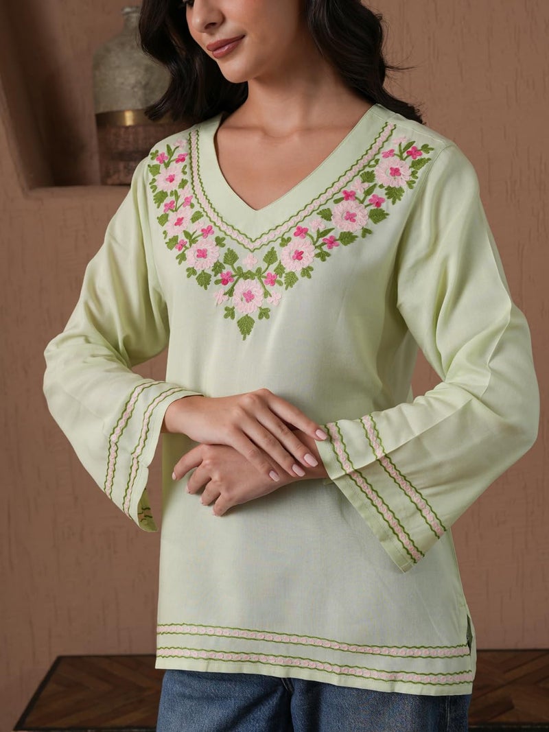 QAZMI Women's Kashmiri Embroidered Pastel Green V-Neck Short Kurti_S - Image 3