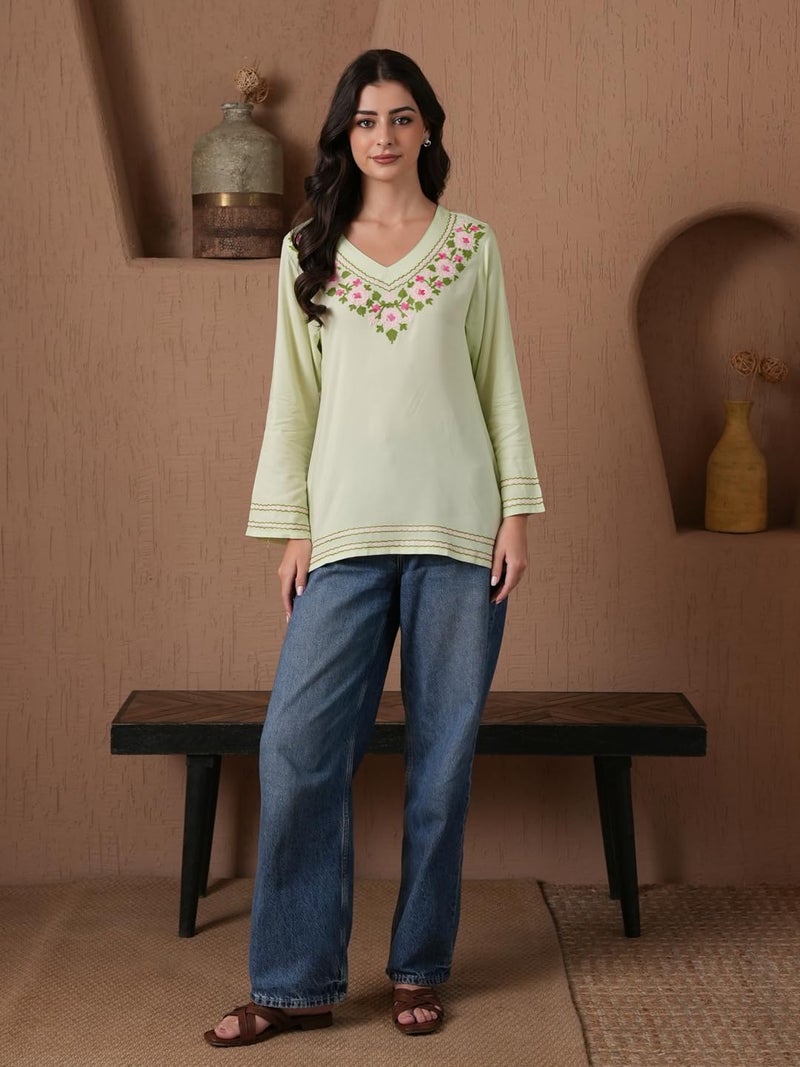 QAZMI Women's Kashmiri Embroidered Pastel Green V-Neck Short Kurti_S - Image 4
