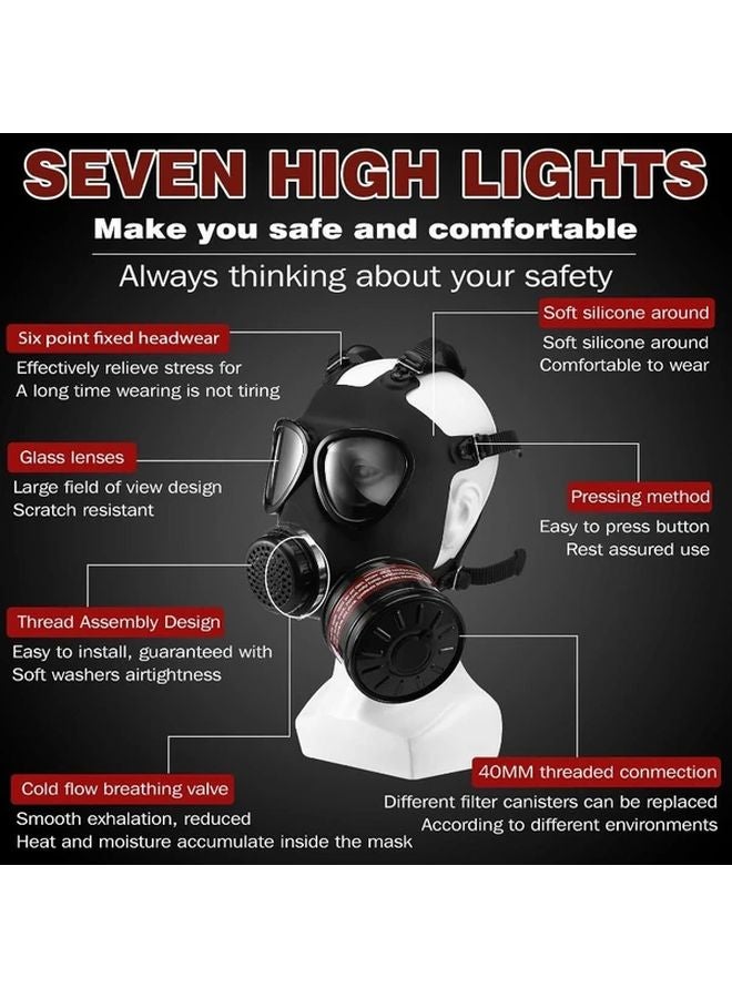 J1005 Full Face Gas Mask Reusable With Activated Carbon Filter Chemical Radiation Protection Black Size M - Image 4