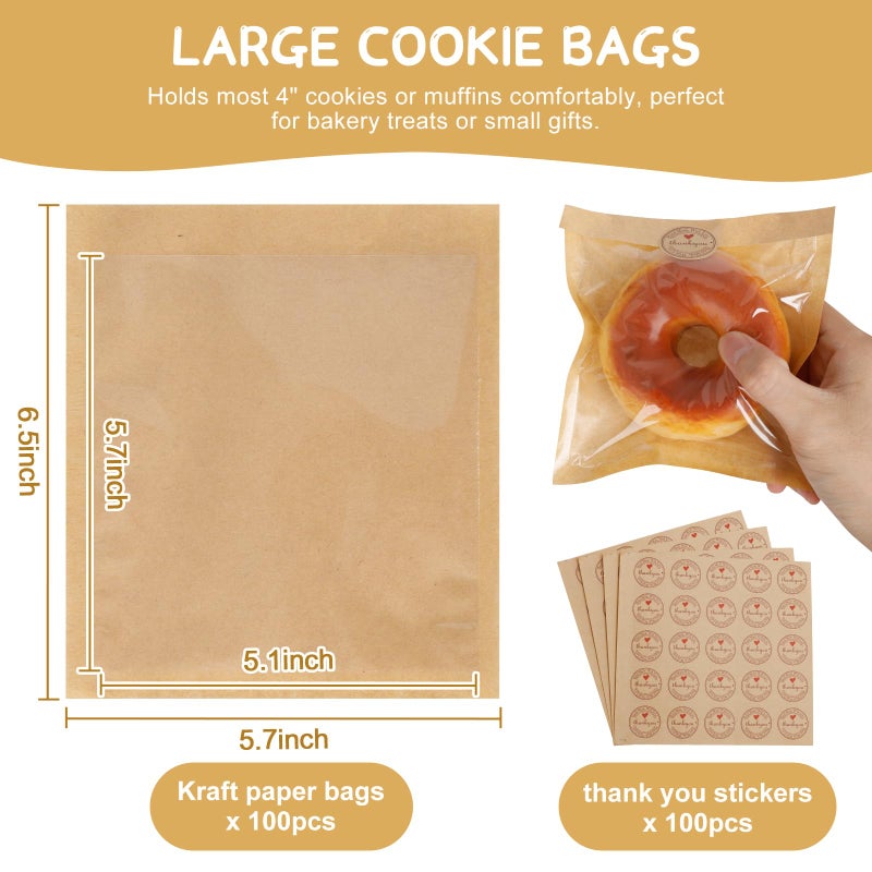 SUREHOME Cookie Bags Small Brown Paper Bags with Window 100 Pcs Thank You Stickers 5.7 x 6.5 Inch Individual Heat Sealable Kraft Bakery Bags for Gift Giving, Treats, Snacks, Baked Goods Packaging - Image 2
