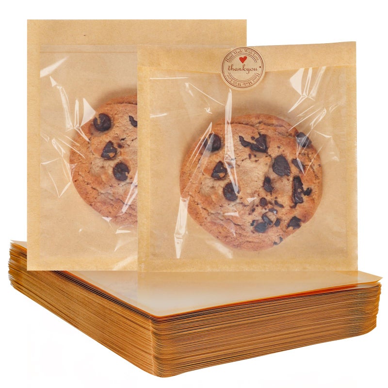 SUREHOME Cookie Bags Small Brown Paper Bags with Window 100 Pcs Thank You Stickers 5.7 x 6.5 Inch Individual Heat Sealable Kraft Bakery Bags for Gift Giving, Treats, Snacks, Baked Goods Packaging - Image 1