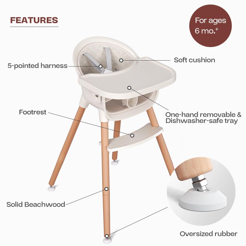 Fodoss 3-in-1 Wooden High Chair for Babies and Toddlers,Convertible Easy Clean Infant Highchair,Modern Design Silla para Comer De Bebe - Image 3
