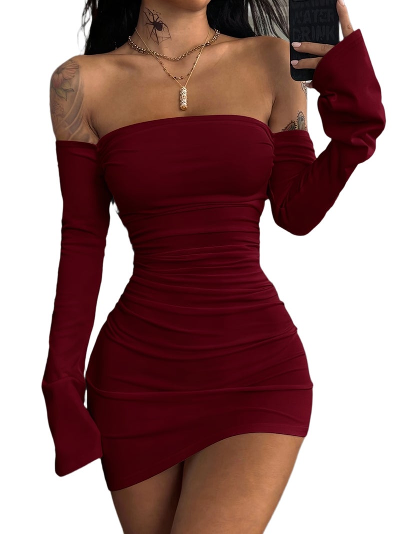Women'S Dress, Women'S Romantic Party Valentine'S Day Elegant Long Sleeve Off-Shoulder Thigh-Slit Mini Dress - Image 1