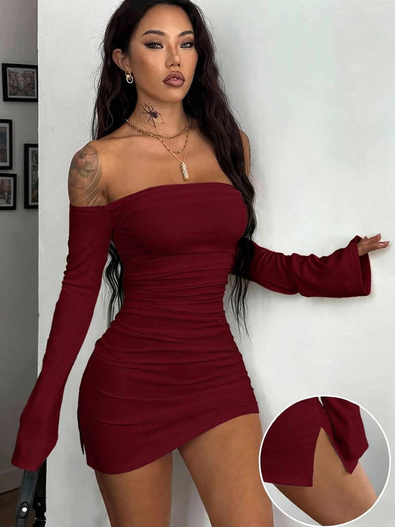 Women'S Dress, Women'S Romantic Party Valentine'S Day Elegant Long Sleeve Off-Shoulder Thigh-Slit Mini Dress - Image 2