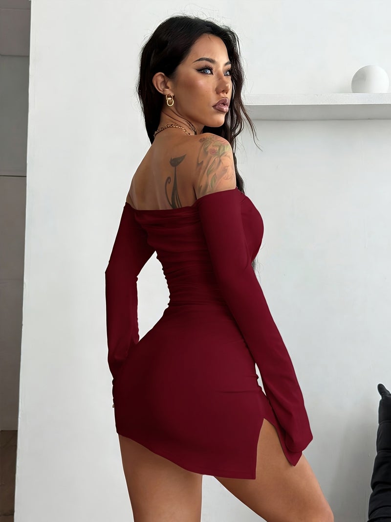 Women'S Dress, Women'S Romantic Party Valentine'S Day Elegant Long Sleeve Off-Shoulder Thigh-Slit Mini Dress - Image 4