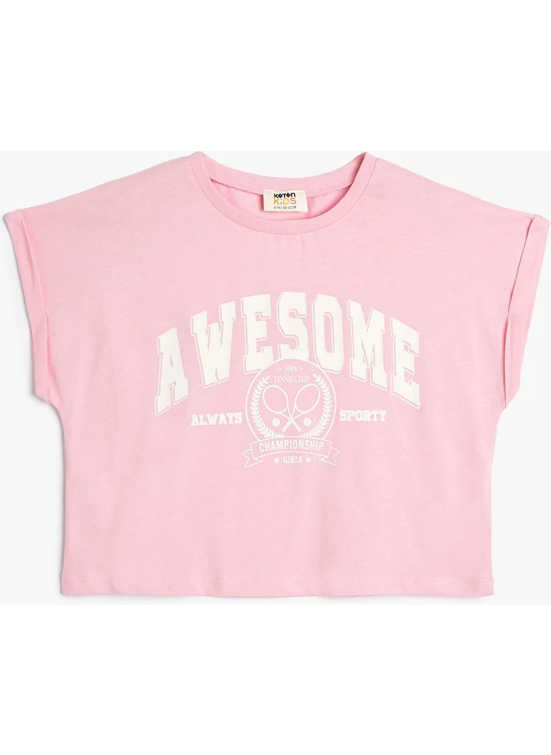 كوتون Crop T-Shirt Slogan Printed Short Sleeve Crew Neck Cotton