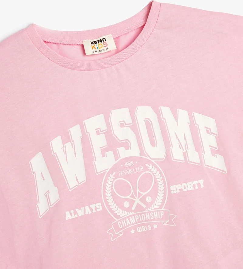 KOTON Crop T-Shirt Slogan Printed Short Sleeve Crew Neck Cotton