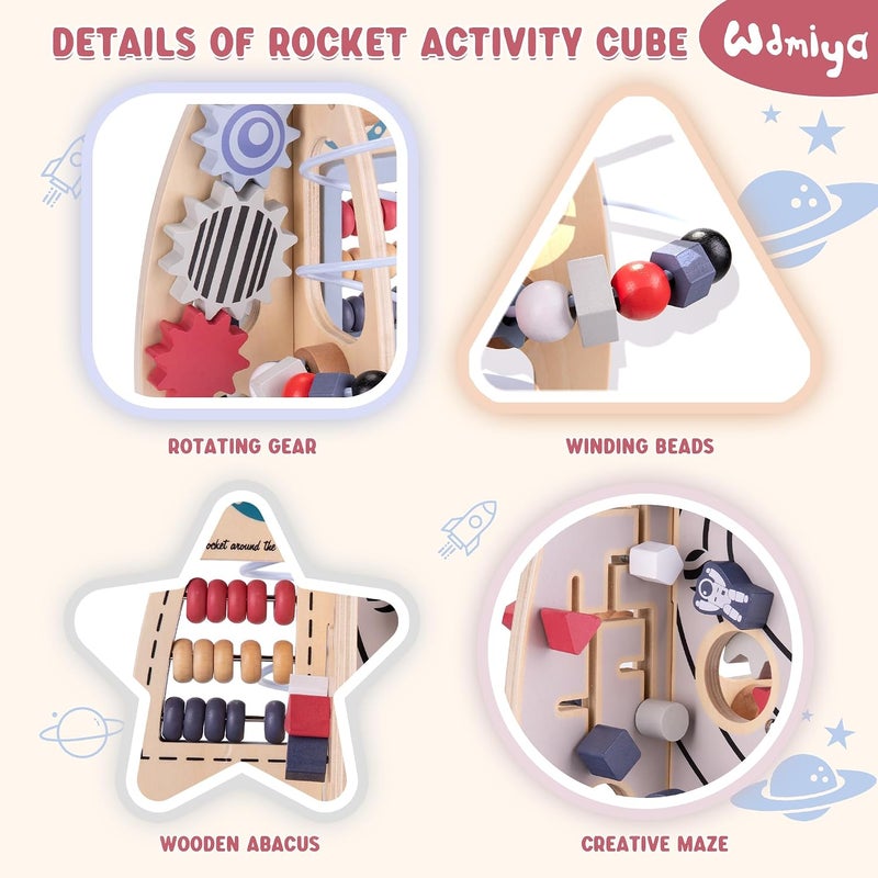 Wdmiya Space Wood Activity Cube Toy for Babies - Educational Rocket Design for 1 Year Olds - Image 2
