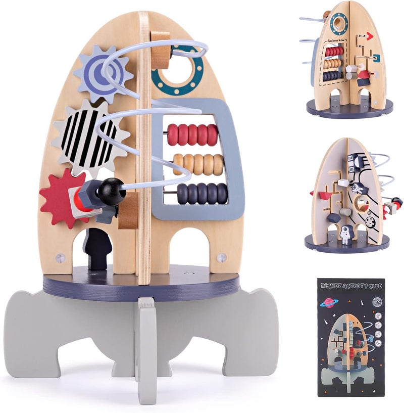 Wdmiya Space Wood Activity Cube Toy for Babies - Educational Rocket Design for 1 Year Olds - Image 1