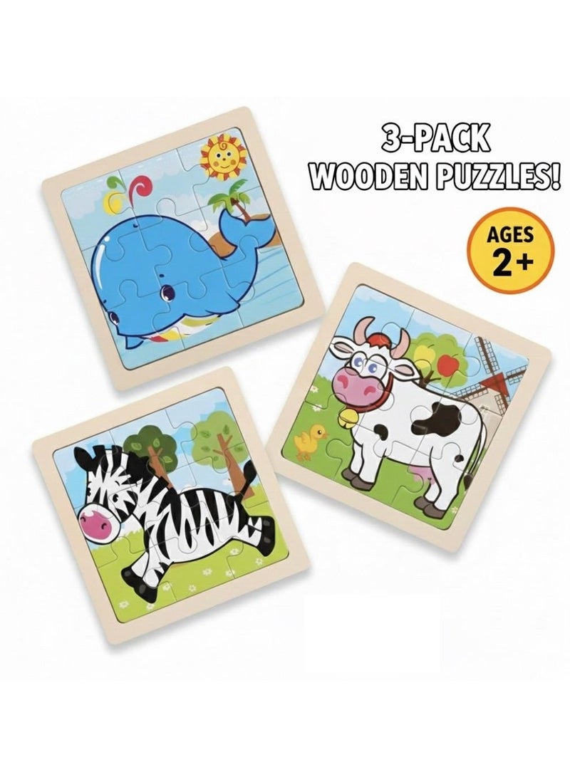 عبوة مكونة من 3 قطع لعبة بازل خشبي تعليمي للأطفال - 3 حيوانات | ألعاب مونتيسوري لتنمية المهارات الحركية | مثالية للأولاد والبنات بعمر سنتين - Image 1