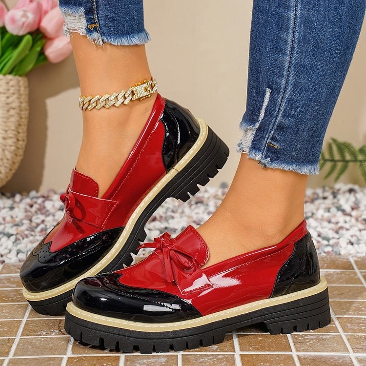 Color-Blocked Thick-Soled Loafers, 2026 Style, British Style With Bow Decoration, Fashionable Single Shoes - Image 5