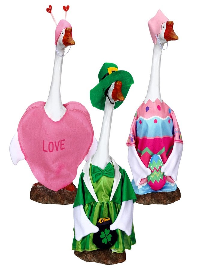Yeyeplum 3 Set Valentine's Day Porch Goose Outfits 23 Inch St. Patrick Cement Goose Clothes Seasonal Holiday Duck Costume Set for Valentine's Day St. Patrick Easter Garden Yard Lawn Statue Decor - Image 1